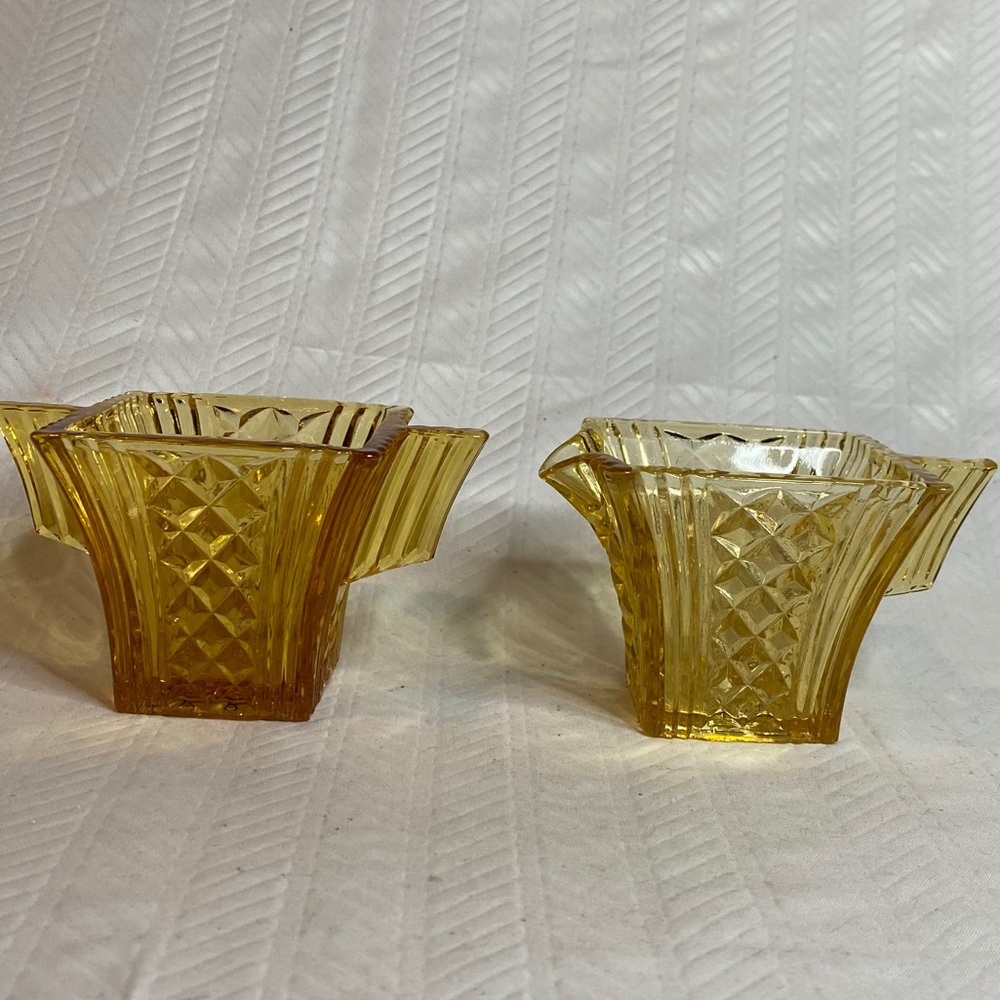 Art Deco amber creamer and sugar bowl etched.